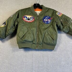 Boys Jacket Sz 6 Junior Flight Astronaut Green Patches Pilot USA Nylon Green